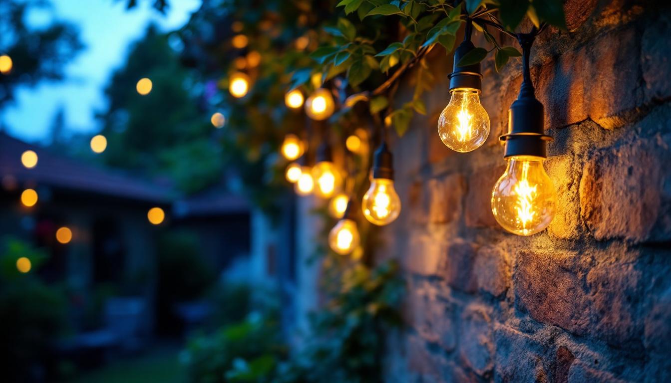 A photograph of a beautifully lit outdoor space adorned with white led string lights