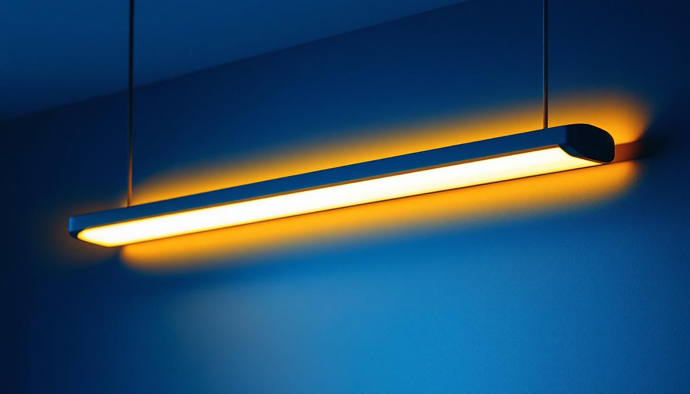 A photograph of a sleek and modern decorative fluorescent light fixture installed in a stylish interior setting