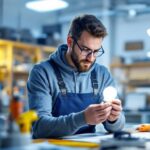 A photograph of a lighting contractor examining a 40w fluorescent bulb in a well-lit workspace