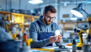 A photograph of a lighting contractor examining a 40w fluorescent bulb in a well-lit workspace