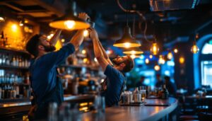 A photograph of a lighting contractor installing overhead bar lights in a vibrant bar setting