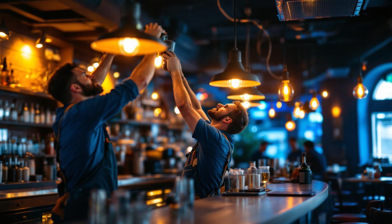 A photograph of a lighting contractor installing overhead bar lights in a vibrant bar setting