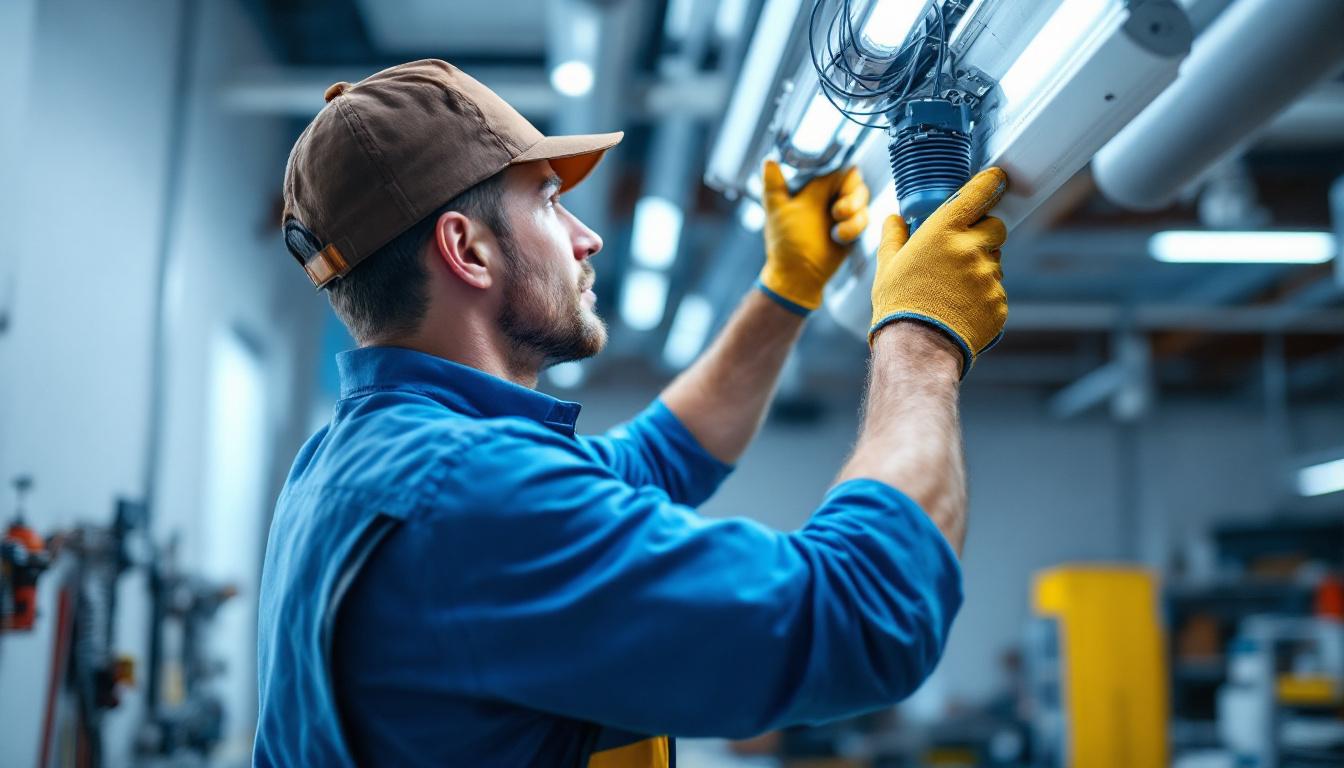A photograph of a lighting contractor skillfully replacing a fluorescent fixture ballast in a commercial setting