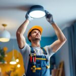 A photograph of a skilled lighting contractor installing a stylish screw-in ceiling light in a modern home setting