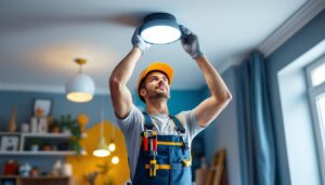 A photograph of a skilled lighting contractor installing a stylish screw-in ceiling light in a modern home setting