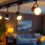 A photograph of a stylish and modern interior space featuring various replacement track light heads in use