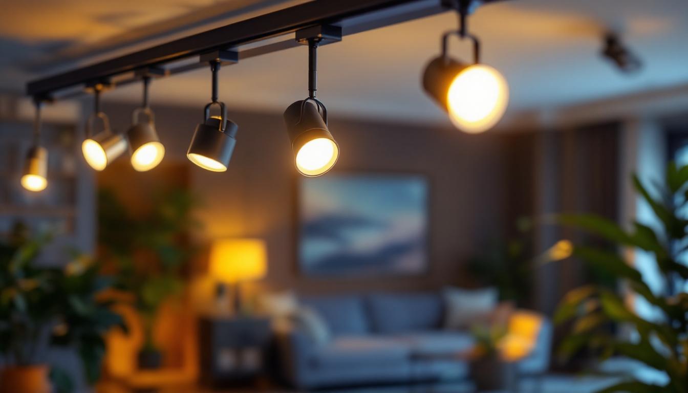 A photograph of a stylish and modern interior space featuring various replacement track light heads in use
