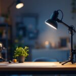 A photograph of a portable light with an adjustable stand in action