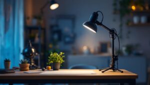 A photograph of a portable light with an adjustable stand in action