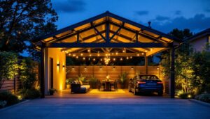 A photograph of a beautifully illuminated carport at dusk