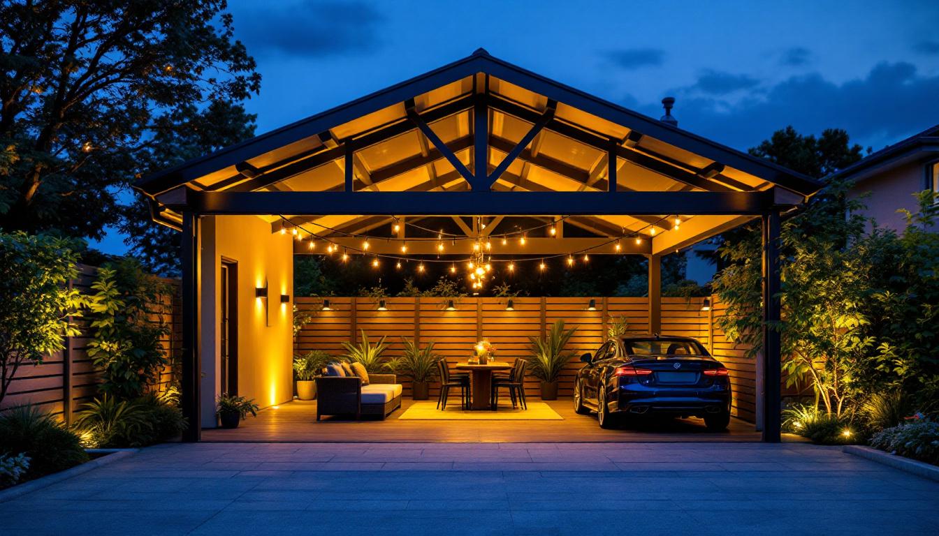 A photograph of a beautifully illuminated carport at dusk