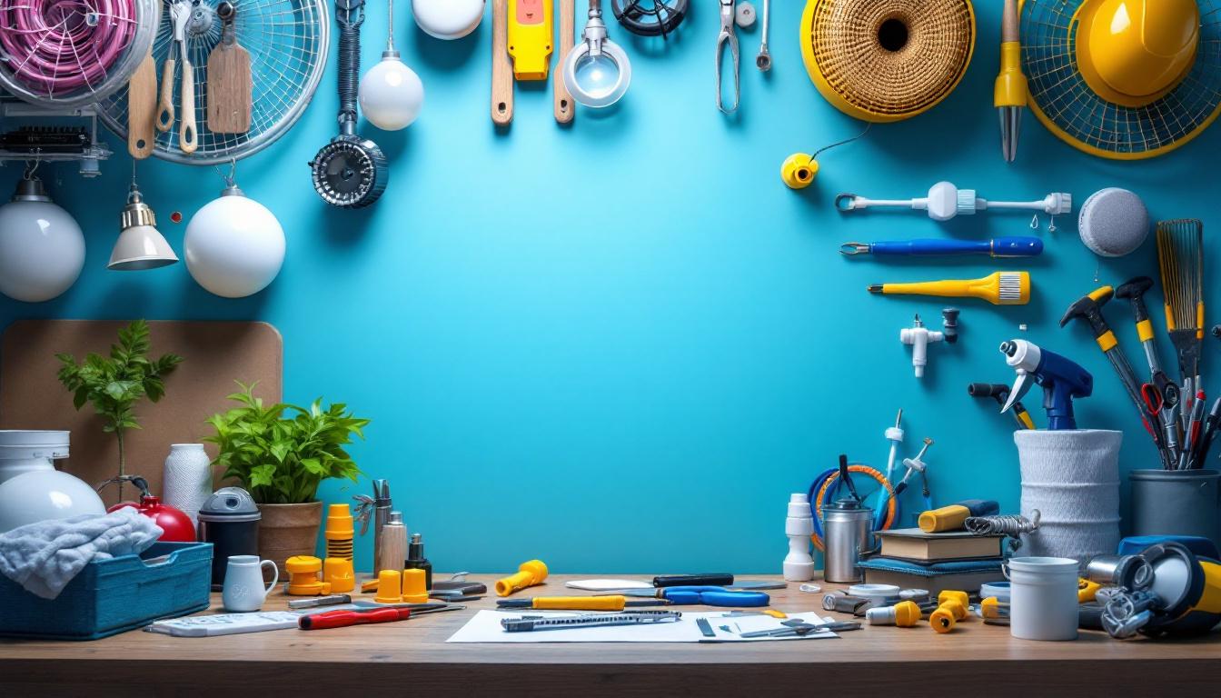 A photograph of a well-organized workspace featuring various ceiling light accessories