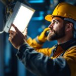 A photograph of a lighting contractor in action