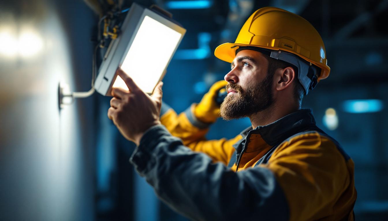 A photograph of a lighting contractor in action