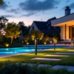 A photograph of a modern outdoor space illuminated by sleek