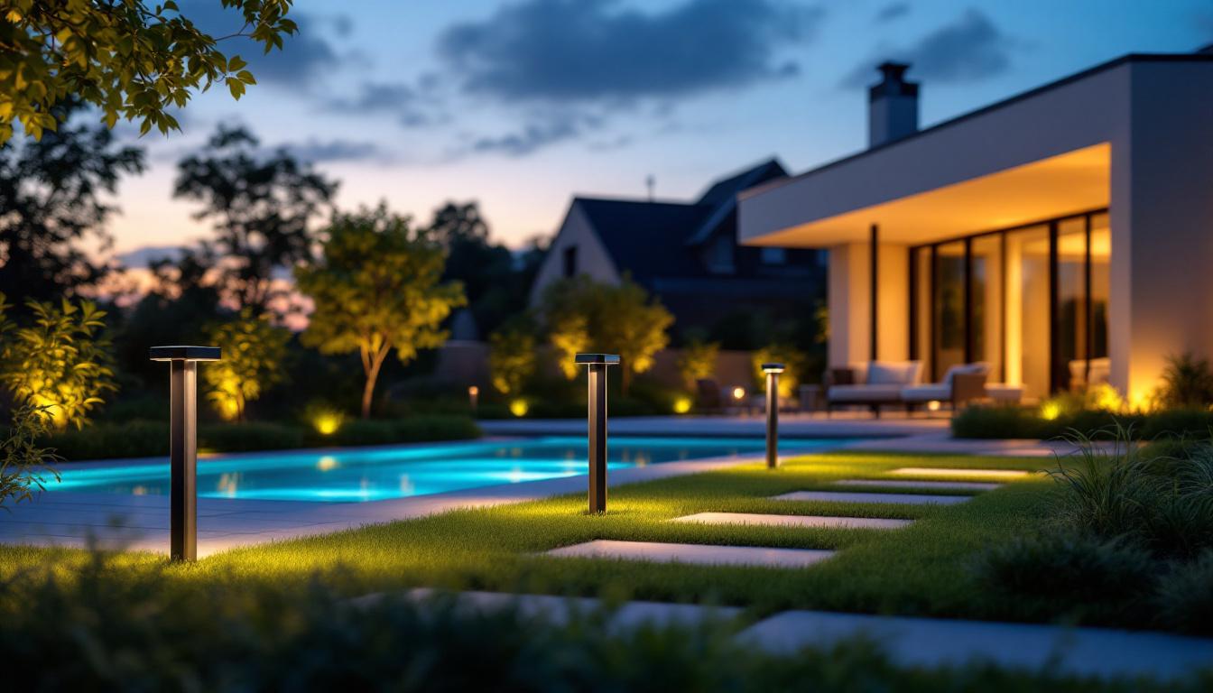 A photograph of a modern outdoor space illuminated by sleek