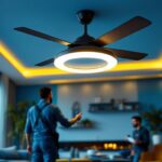 A photograph of a stylish and unique ceiling fan with integrated lighting