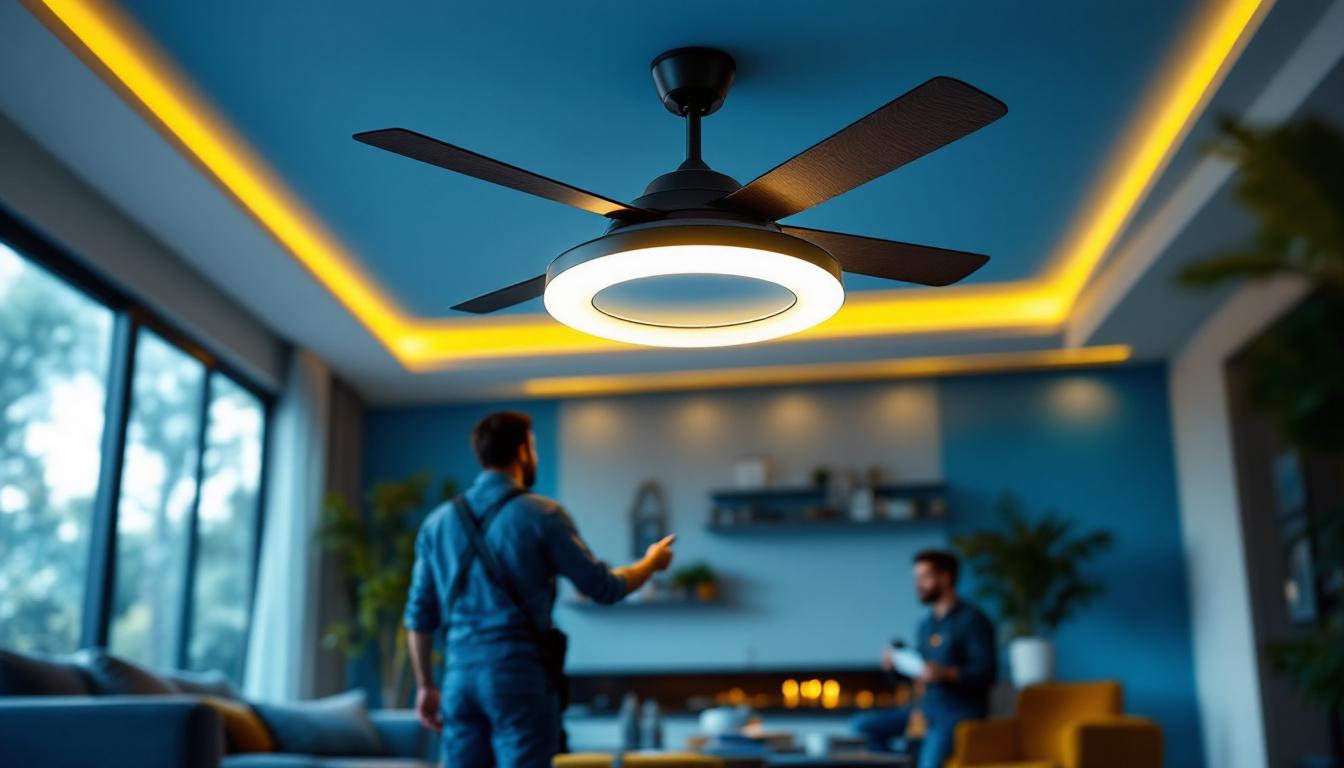 A photograph of a stylish and unique ceiling fan with integrated lighting