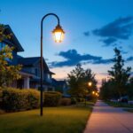 A photograph of a well-lit street lamp illuminating a residential pathway at dusk