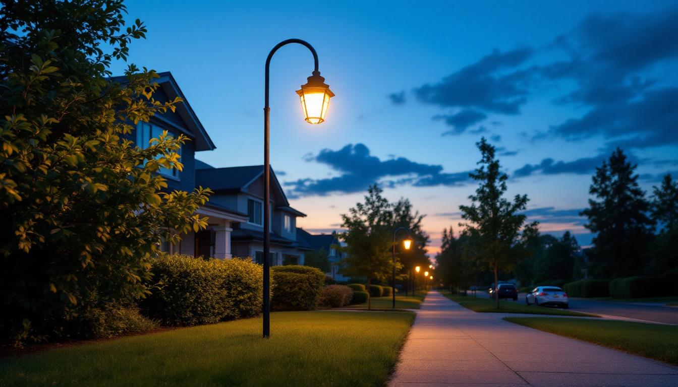 A photograph of a well-lit street lamp illuminating a residential pathway at dusk