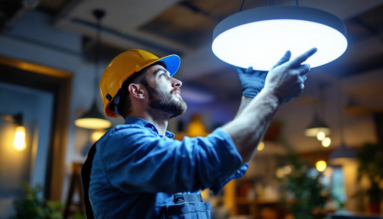 A photograph of a lighting contractor efficiently installing a circular led light fixture in a modern workspace