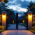A photograph of a beautifully illuminated solar gate light at dusk