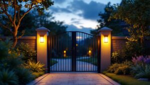 A photograph of a beautifully illuminated solar gate light at dusk