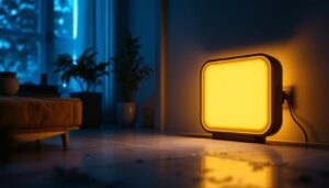 A photograph of a well-lit indoor space featuring emergency battery backup lights in action