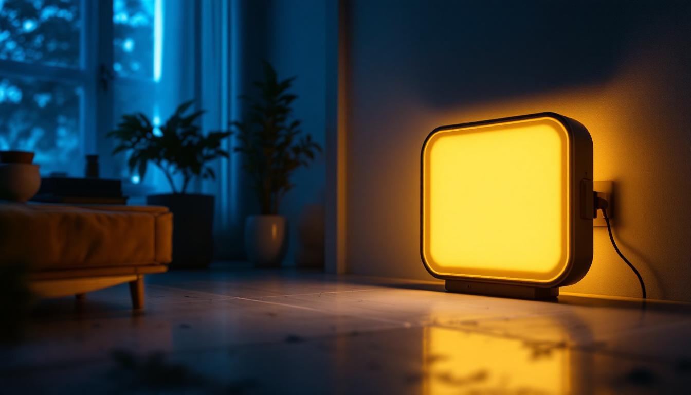 A photograph of a well-lit indoor space featuring emergency battery backup lights in action