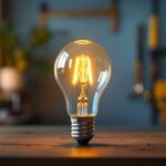 A photograph of a 60-watt type g bulb illuminated in a stylish setting