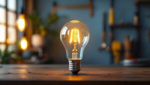 A photograph of a 60-watt type g bulb illuminated in a stylish setting
