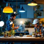 A photograph of a well-lit workspace featuring a variety of stylish lighting fixtures