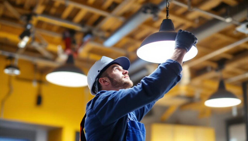 A photograph of a lighting contractor expertly installing or adjusting high hat light covers in a modern interior space