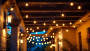 A photograph of a beautifully lit overhead porch showcasing stylish outdoor lighting fixtures