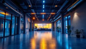 A photograph of a well-lit indoor space featuring 4-inch retrofit led can lights installed in the ceiling