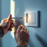 A photograph of a skilled lighting contractor expertly installing a stylish light switch and power outlet in a modern home setting