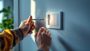 A photograph of a skilled lighting contractor expertly installing a stylish light switch and power outlet in a modern home setting