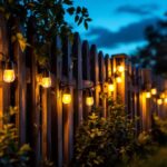 A photograph of a beautifully illuminated fence at dusk
