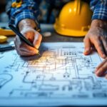 A photograph of a skilled lighting contractor carefully examining a detailed fluorescent bulb wiring diagram