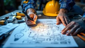 A photograph of a skilled lighting contractor carefully examining a detailed fluorescent bulb wiring diagram