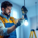A photograph of a skilled lighting contractor carefully installing a lamp holder led in a modern residential setting