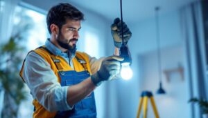 A photograph of a skilled lighting contractor carefully installing a lamp holder led in a modern residential setting