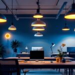 A photograph of a modern office space illuminated by a variety of stylish lighting fixtures