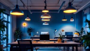 A photograph of a modern office space illuminated by a variety of stylish lighting fixtures
