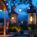 A photograph of a beautifully designed outdoor hanging lantern light illuminated at dusk