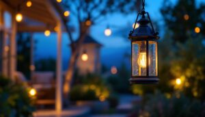 A photograph of a beautifully designed outdoor hanging lantern light illuminated at dusk