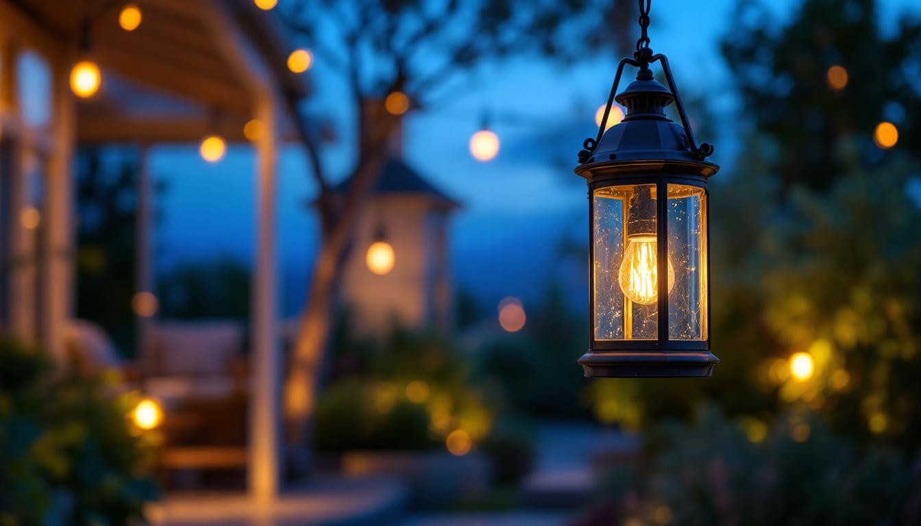 A photograph of a beautifully designed outdoor hanging lantern light illuminated at dusk