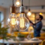 A photograph of a stylish and modern led pendant light bulb hanging in an elegantly designed space
