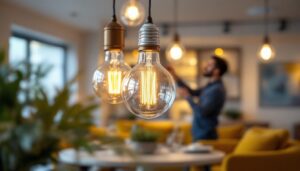 A photograph of a stylish and modern led pendant light bulb hanging in an elegantly designed space
