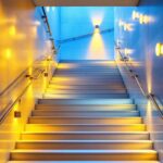 A photograph of a beautifully designed indoor stairway featuring various lighting fixtures